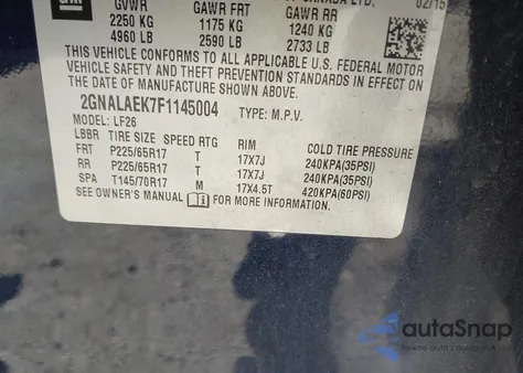 2015 Chevrolet Equinox Ls из США, поврежденный, VIN 2GNALAEK7F1145004